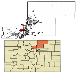 Location of Longmont in Boulder County and Weld County, Colorado.