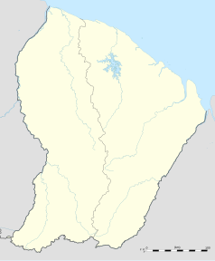 Mapa konturowa Gujany Francuskiej, u góry nieco na prawo znajduje się punkt z opisem „Kourou”