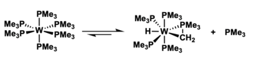 Equilibrium mixture between W(PMe3)4(η2-CH2PMe2)H and PMe3.