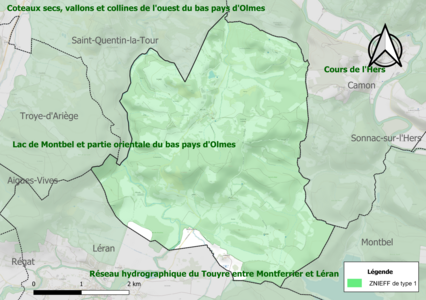 Carte des ZNIEFF de type 1 sur la commune.