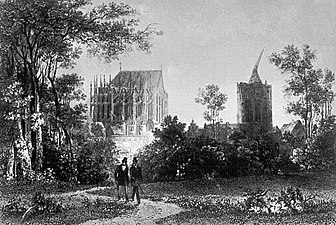Katedral yang belum selesai pada tahun 1820, diukir oleh Henry Winkles. Derek besar di menara katedral terlihat di gambar.
