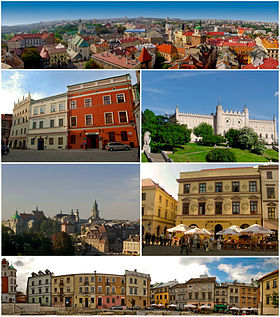 Top: panorama of Old Town Lublin, including Crown Tribural Second left: façade buildings in Staego Street. Second right: Lublin Castle. Third left: view of Tynitarska Tower, Cracow Gate, and many of historical built from Miasto Square. Third right: Tentement house in Klonawica Street, Bottom: view of Plac po Farze area