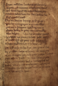 La première page du Missel de Leofric mentionne en latin et en vieil anglais que ce manuscrit est un don de l'évêque Leofric à la cathédrale d'Exeter.