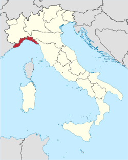 แผนที่ประเทศอิตาลีแสดงที่ตั้งของแคว้นลีกูเรีย