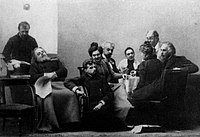 The Moscow Art theatre's 1898 production of Anton Chekhov's play The Seagull, with Meyerhold seated on the floor, centre, and Stanislavski on the far right; published in Efros' journal in 1917