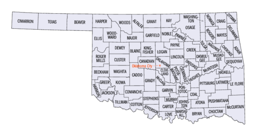 Hartă astatului Oklahoma indicând cele 77 de comitate ale statului.