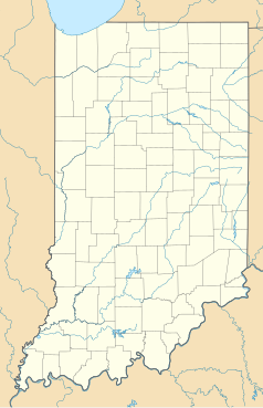 Mapa konturowa Indiany, po prawej nieco u góry znajduje się punkt z opisem „Jonesboro”