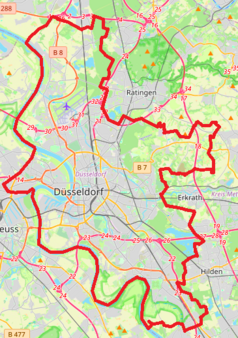 Mapa konturowa Düsseldorfu, u góry nieco na lewo znajduje się punkt z opisem „Angermund”