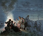 «St. Hansaften paa Landet», litografi etter maleri av Knud Bergslien utgitt i Norske Folkelivsbilleder 1858.