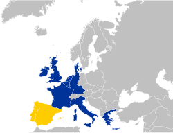 Země zapojené do smlouvy, přičemž nově přistupující země jsou žluté a země ES modré.