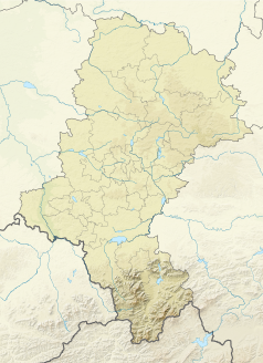 Mapa konturowa województwa śląskiego, blisko centrum u góry znajduje się punkt z opisem „źródło”, natomiast blisko centrum na lewo u góry znajduje się punkt z opisem „ujście”