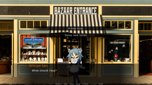 Wikipe-tan, an unofficial mascot of Wikipedia is seen in front of a shop. The image illustrates how visual novels can present players with choices that will affect the story. In this case, the options are to buy Wikipe-tan a new mop, or new socks