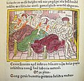 Hypermnestra, Lynkeus (tai Linus) ja Danaidit, puupiirroskuvitus Giovanni Boccaccion saksankieliseen inkunaabeliin De mulieribus claris. Painaja Johannes Zainer, noin 1474, Ulm.