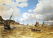 Aber y Seine yn Honfleur, 1865, Sefydliad Norton Simon, Pasadena; yn dangos dylanwad arddull peintio morwrol Iseldireg.[4]