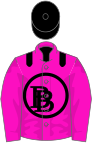 Pink, black circle, black shoulders, pink sleeves, black cap