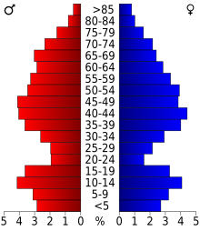 Schéma représentant la population du comté, par tranche d'âge. En rouge, à gauche, les femmes, en bleu à droite, les hommes.