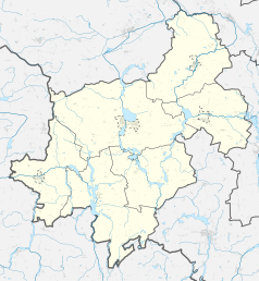 Mapa konturowa powiatu żnińskiego, u góry po prawej znajduje się punkt z opisem „Rzywno”