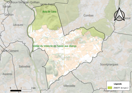 Carte des ZNIEFF de type 2 sur la commune.