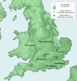 Carte mettant en évidence cinq villes d'où proviennent des copies de la Chronique (Abingdon, Cantorbéry, Peterborough, Winchester et Worchester) et trois où elles se trouvent actuellement (Cambridge, Londres et Oxford).