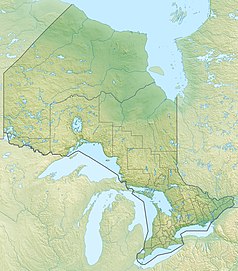 Mapa konturowa Ontario, na dole po prawej znajduje się owalna plamka nieco zaostrzona i wystająca na lewo w swoim dolnym rogu z opisem „Ontario”