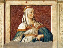 Peinture représentant une femme drapée d'étoffes et portant une couronne.