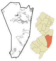 Map of Leisure Knoll CDP in Ocean County. Inset: Location of Ocean County in New Jersey.