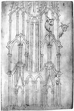 Dessin datant du début du XIIIe siècle d'une des tours occidentales, par Villard de Honnecourt.