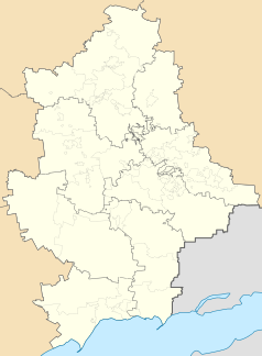 Mapa konturowa obwodu donieckiego, w centrum znajduje się punkt z opisem „Stadion Olimpijski”