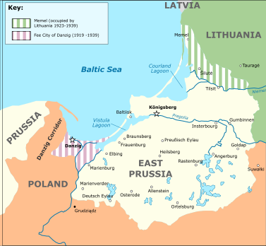 Mapa przedstawiająca Prusy Wschodnie w latach 1923–1939, z zaznaczonym terytorium okręgu Kłajpedy anektowanym przez Republikę Litewską w 1923 roku