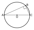 Thales' theorem states that if AC is a diameter, then the angle at B is a right angle.