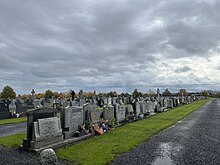 Dardistown Cemetery on a cloudy fall day. Rows of gravestones with trees in the distance.