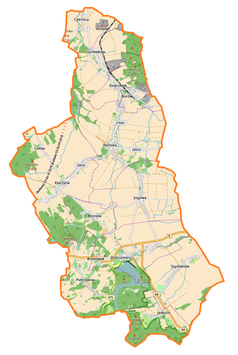 Mapa konturowa gminy Dobromierz, na dole nieco na prawo znajduje się punkt z opisem „Pałac w Jaskulinie”