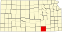 Harta statului Kansas indicând comitatul Cowley