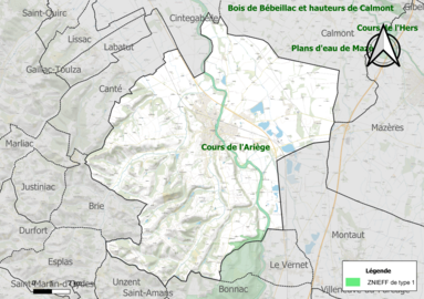 Carte des ZNIEFF de type 1 sur la commune.