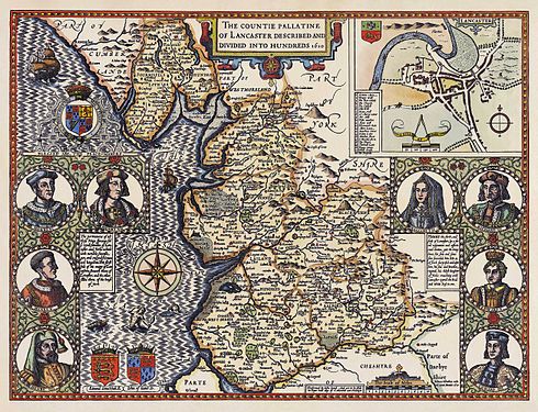 Map of the County Palatine of Lancaster (created by Jodocus Hondius and John Speed; restored and nominated by Adam Cuerden)