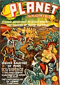 Venus appears in many pulp science fiction stories. Seen here is the winter 1939 cover of Planet Stories, featuring "Gold Amazons of Venus".