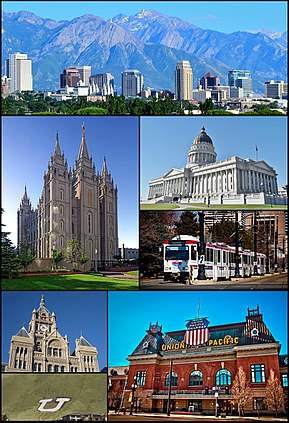 Arah jam dari atas: Garis langit pada bulan Julai 2011, Kapitol Negeri Utah, TRAX, Depoh Union Pacific, Blok U, Bagunan Bandar Raya dan Wilayah, dan Gereja Salt Lake