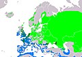 Mapa rozšírenia v Európe      Hniezdiaca      Stála      Zimujúca