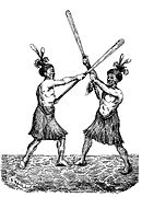 Maoríes luchando con taihas.