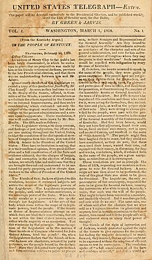 The front page of the United States Telegraph Extra for March 1, 1828