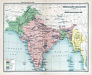 Zemljevid prevladujočih religij Britanskega indijskega imperija, ki temelji na večinah po okrožjih na podlagi indijskega popisa