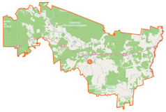 Mapa konturowa gminy Gródek, blisko prawej krawiędzi nieco na dole znajduje się punkt z opisem „Cerkiew parafialna”