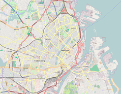 Mapa konturowa Kopenhagi, blisko centrum po prawej na dole znajduje się punkt z opisem „ulica Nyhavn”