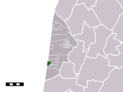 The town centre (darkgreen) and the statistical district (lightgreen) of Egmond aan Zee in the municipality of Bergen (North Holland)