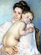 Mor med barn, måla av Mary Cassatt ca. 1900.