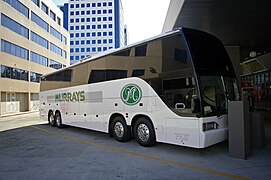 Bus Murrays bergandar empat dengan bodi buatan Austral Pacific dan sasis Scania K113TRBL 145 m (475 ft 9 in) di Canberra, Australia