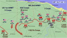 A map of the area around Caen showing the progress made by Allied forces between D-Day and 12 June, as described in the text