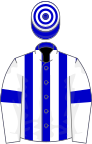 Blue and white stripes, white sleeves, blue armlets, hooped cap