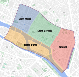 Localisation administrative du quartier dans le 4e arrondissement actuel.