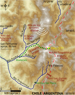 A topographic map of the area surrounding the plane crash site with Parrado and Canessa's route marked.